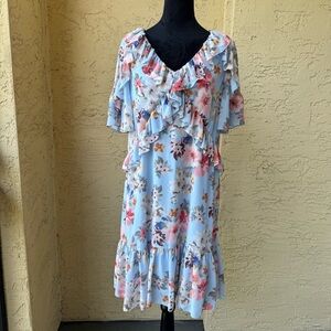 Anthropologie Shoshanna Blue Floral Madrid Dress Sz 8 Ruffle V-neck